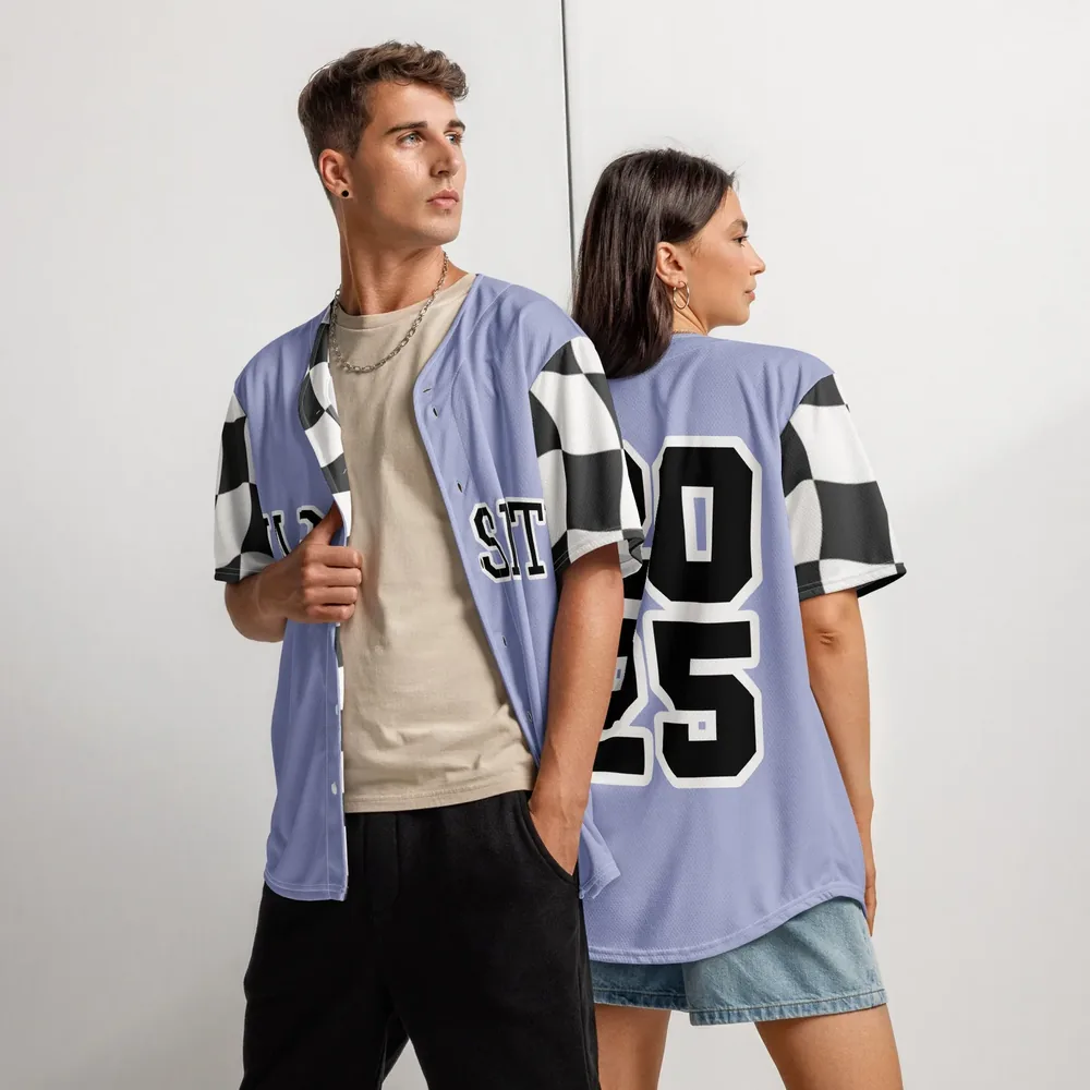 Two people wear the lilac Varsity Twenty-Five Baseball Jersey with checkered sleeves; the back shows the number 25.